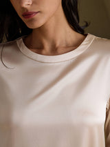 [Beige] SilkSilky-AU 3/4 Sleeve Round Neck Dress 003