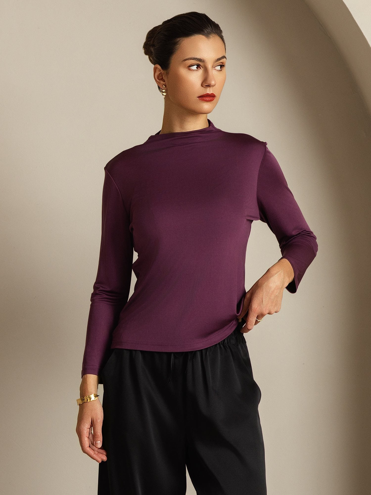 [Purple] SilkSilky-AU Pure Silk High Neck Women's T-Shirt 009