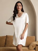 [Beige] SilkSilky-AU Half Sleeve V Neck Nightgown 001
