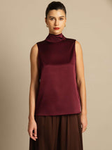 [Dark Red] SilkSilky-AU 19Momme Stretch Silk Charmeuse Sleeveless High Neck Blouse 003