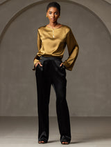 [Brown] SilkSilky-AU Long Sleeve Boat Neck Blouse 008
