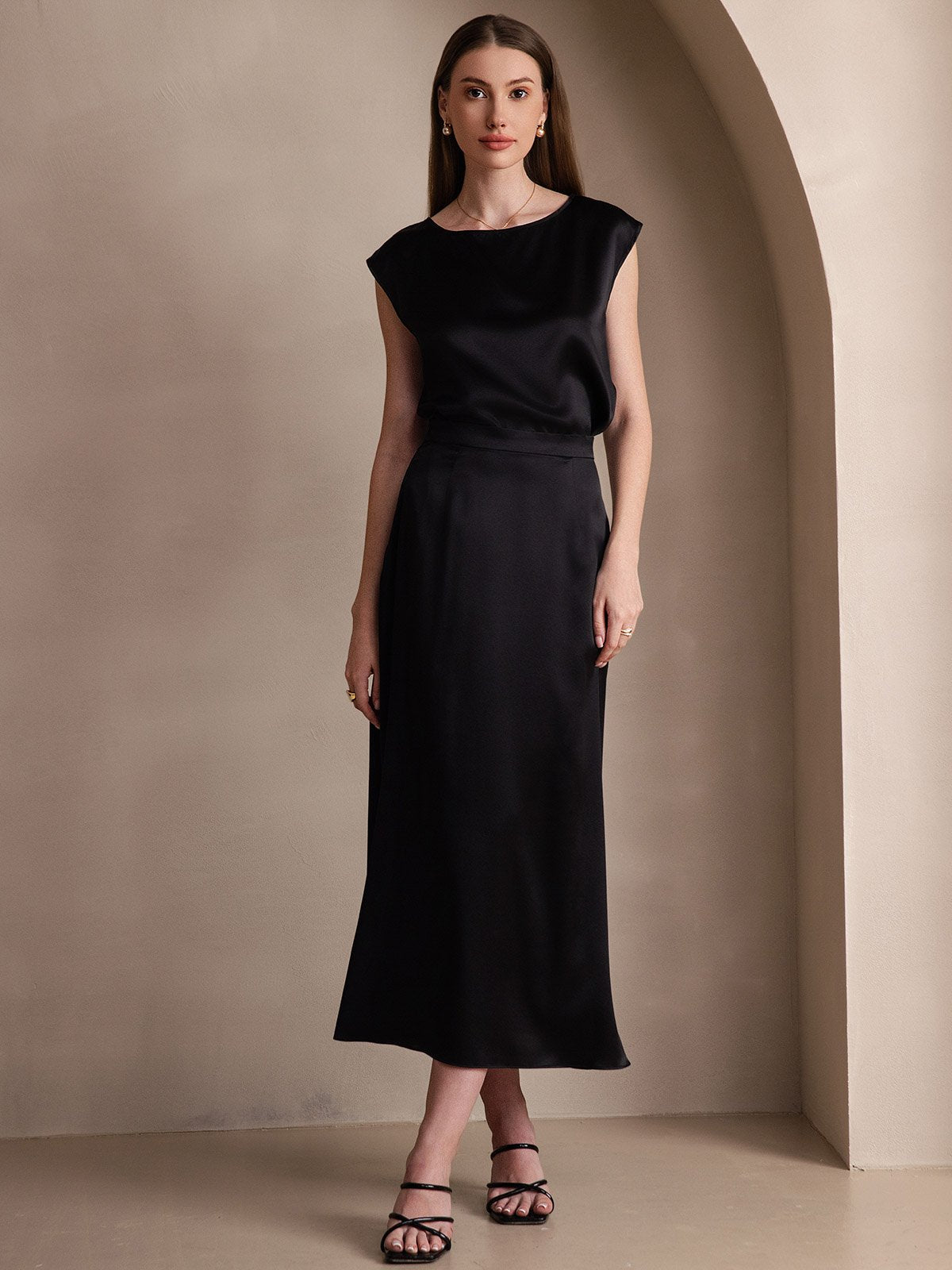[Black] SilkSilky-AU 19Momme Stretch Silk Charmeuse Skirt 005
