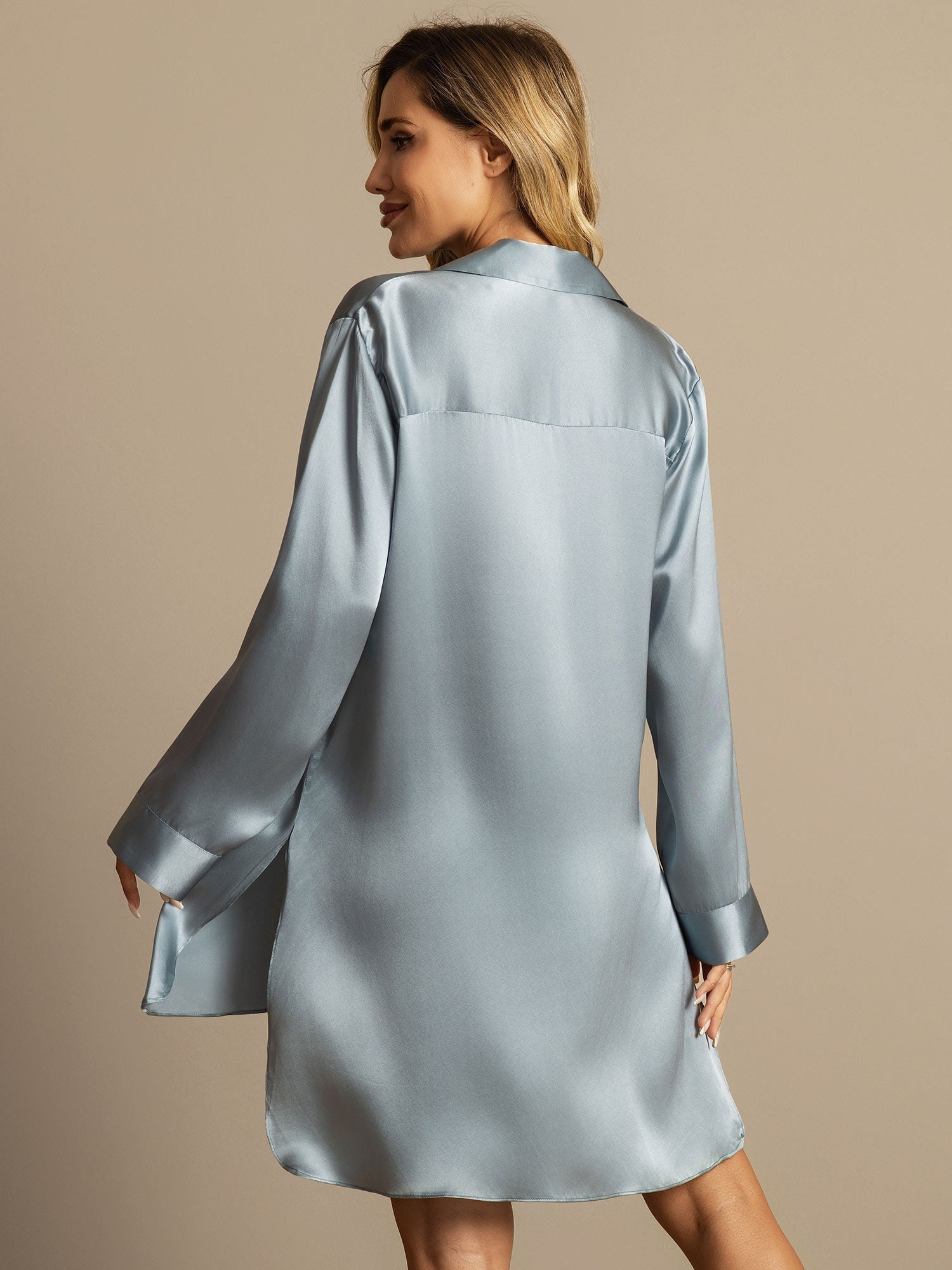 [Grayish Blue] SilkSilky-AU Pure Silk Lapel Collar Nightshirt 003,