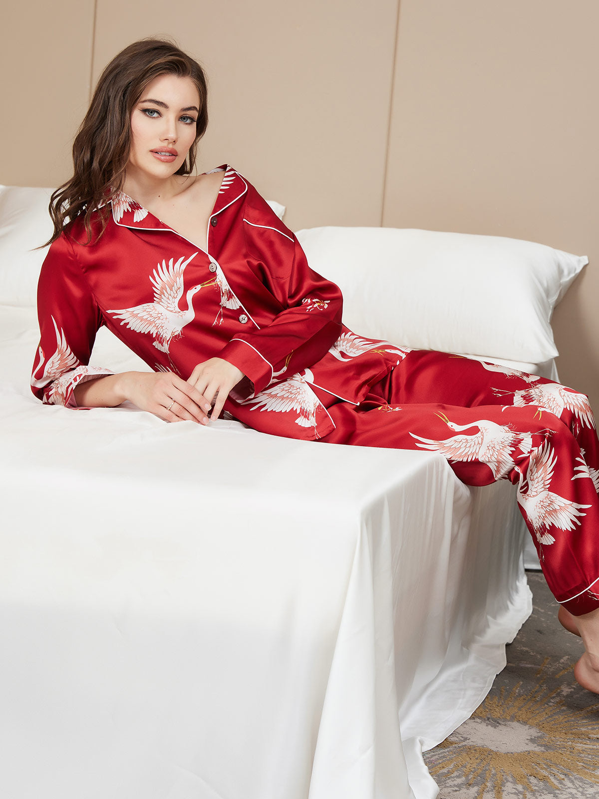 SilkSilky-AU 19Momme Pure Silk Long Sleeve Lapel Women's Pyjamas DarkRed 008