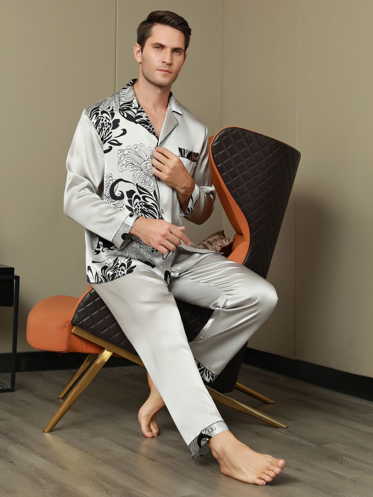[Gray] SilkSilky-AU Pure Silk Mens Pajamas 005,