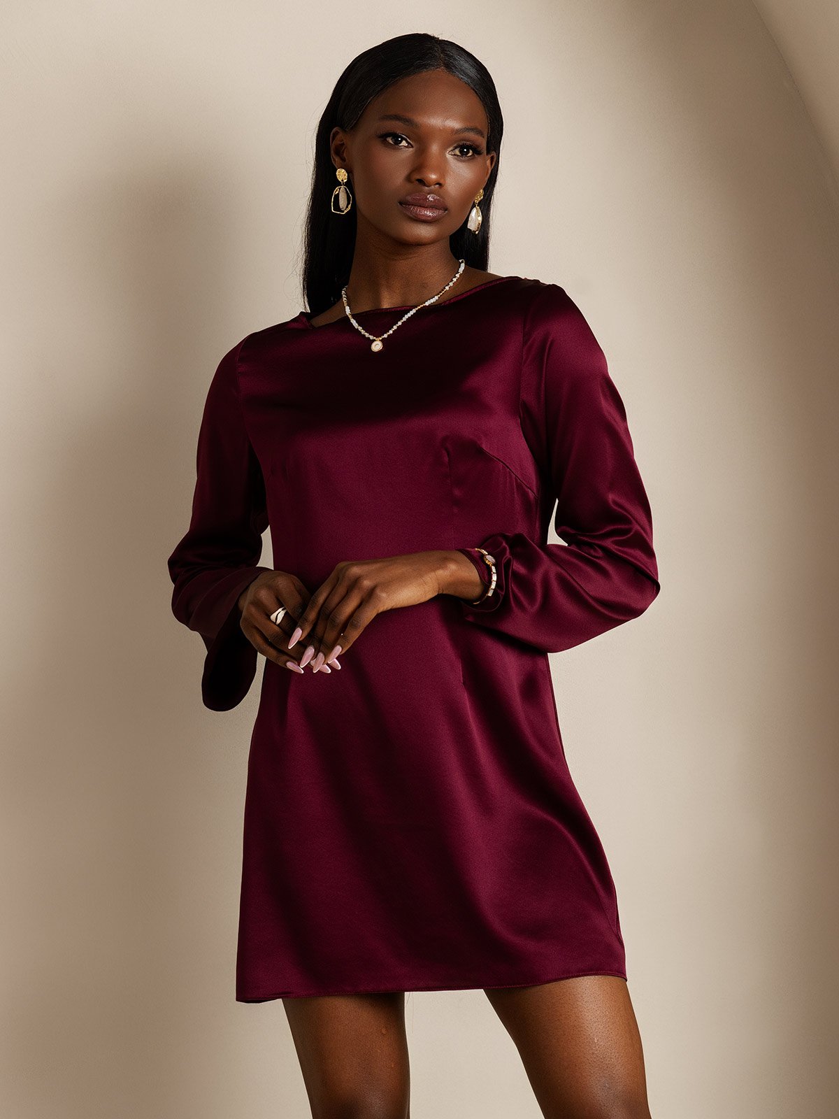 SilkSilky-AU 19Momme Silk Long Sleeve Boat Neck Dress DarkRed 003