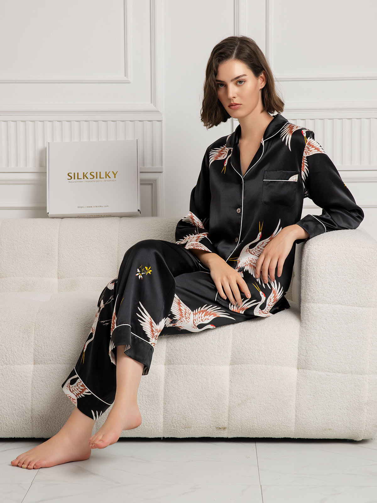 [Black] SilkSilky-AU 19Momme Long Sleeve Notch Collar Women's Pyjamas 005
