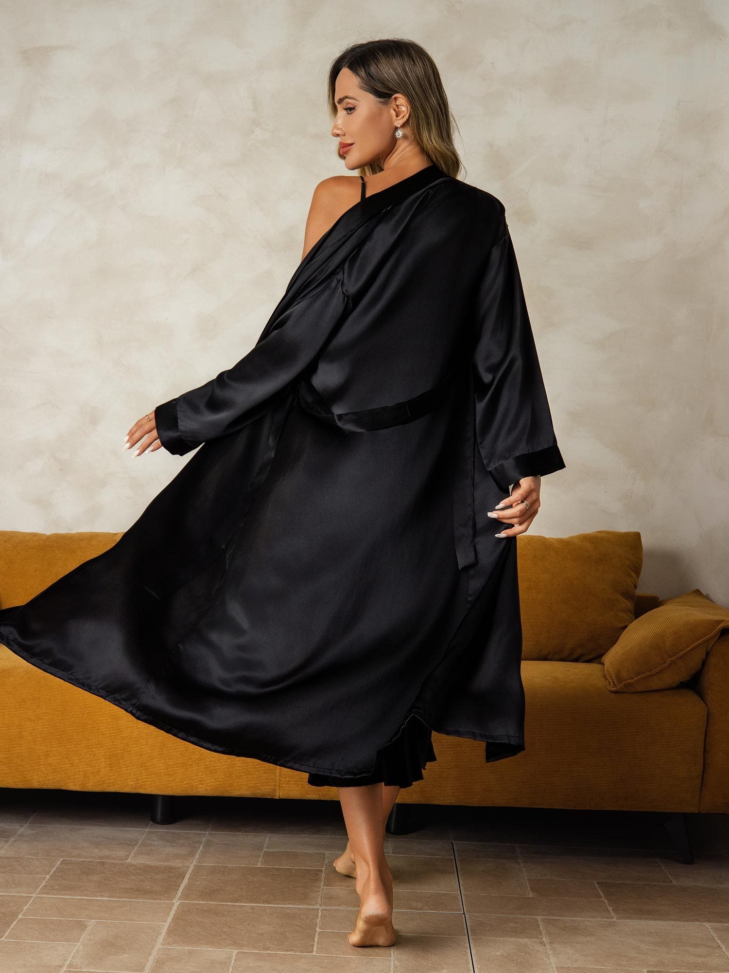 [Black] SilkSilky-AU Pure Silk V Neck Nightgown&Dressing Gown Set 002