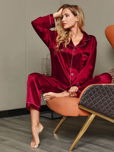 [Wine] SilkSilky-AU Long Sleeve Lapel Collar Women's Pyjamas 007