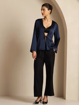 [Dark Blue] SilkSilky-AU 19Momme Stretch Silk Charmeuse Long Sleeve Women's Outerwear 004