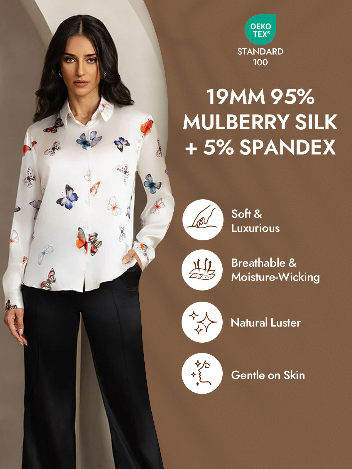 [White Butterfly] SilkSilky-AU Silk Long Sleeve Lapel Collar Women's Shirt 004