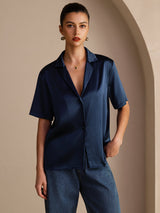 [Dark Blue] SilkSilky-AU Short Sleeve Notch Collar Women's Shirt 001