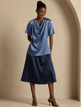 [Real Teal] SilkSilky-AU Short Sleeve Cowl Neck Women's Blouse 006