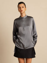 [Dark Gray] SilkSilky-AU 19Momme Stretch Silk Charmeuse Long Sleeve Stand Collar Blouse 004