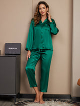 [Green] SilkSilky-AU Long Sleeve Lapel Collar Women's Pyjamas 003