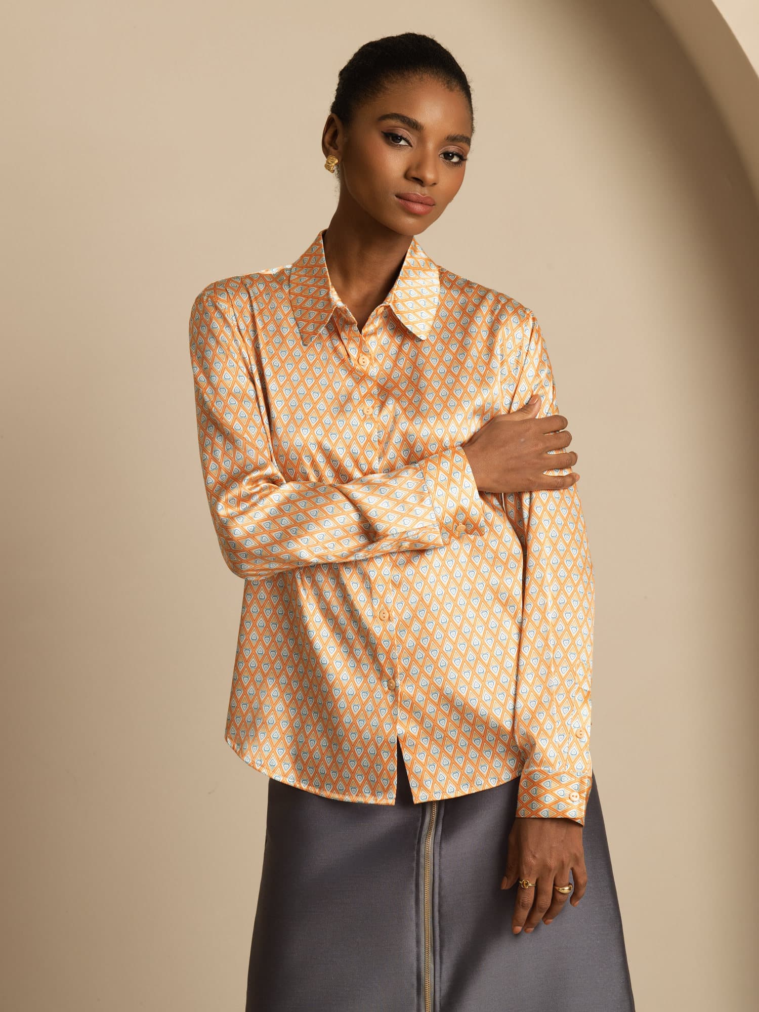 [Floral] SilkSilky-AU Silk Long Sleeve Lapel Collar Women's Shirt 001