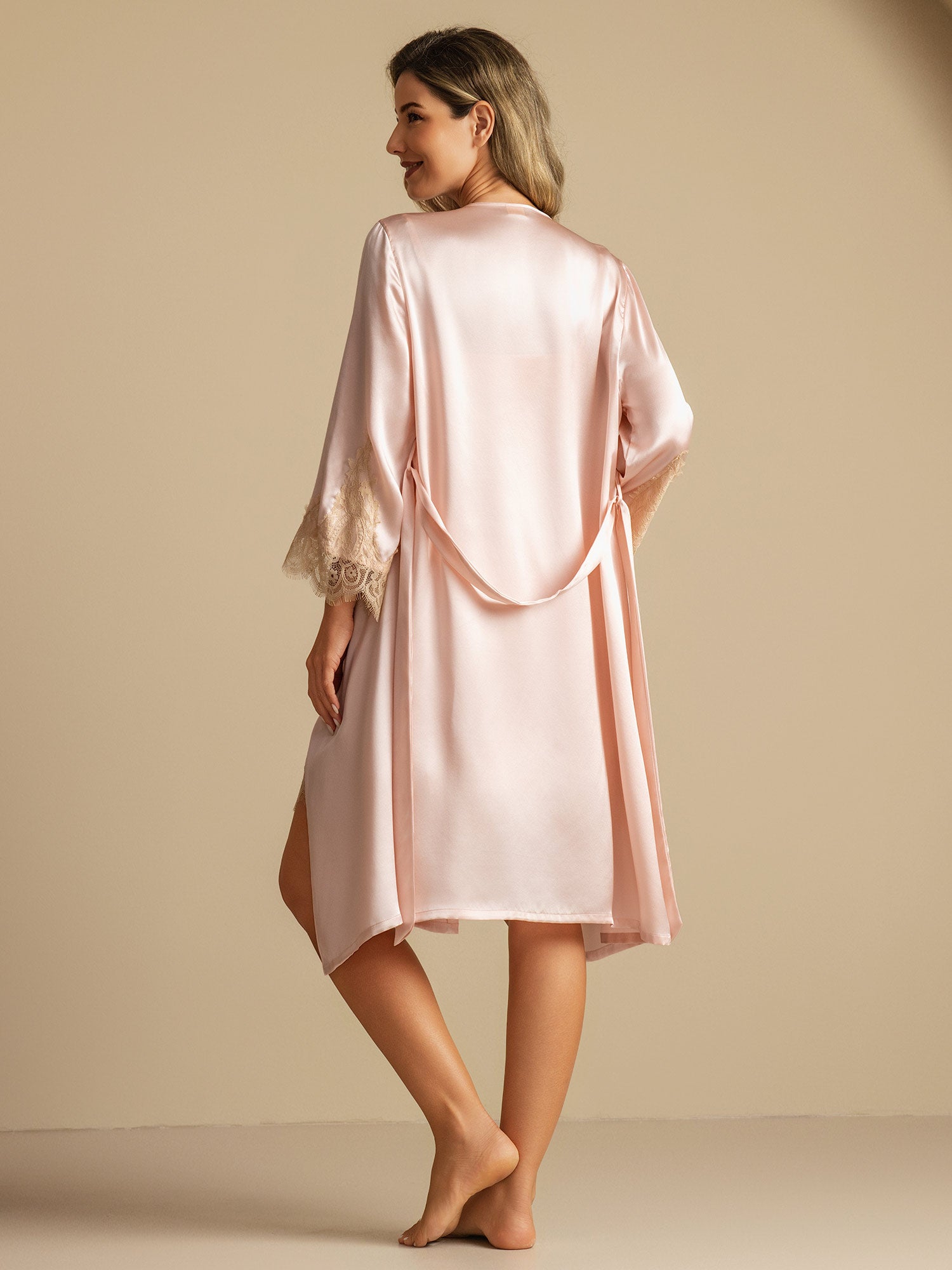 [Pink] SilkSilky-AU Pure Silk Nightgown&Robe Set 002,