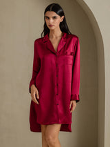 [Wine] SilkSilky-AU Long Sleeve Lapel Collar Nightshirt 003