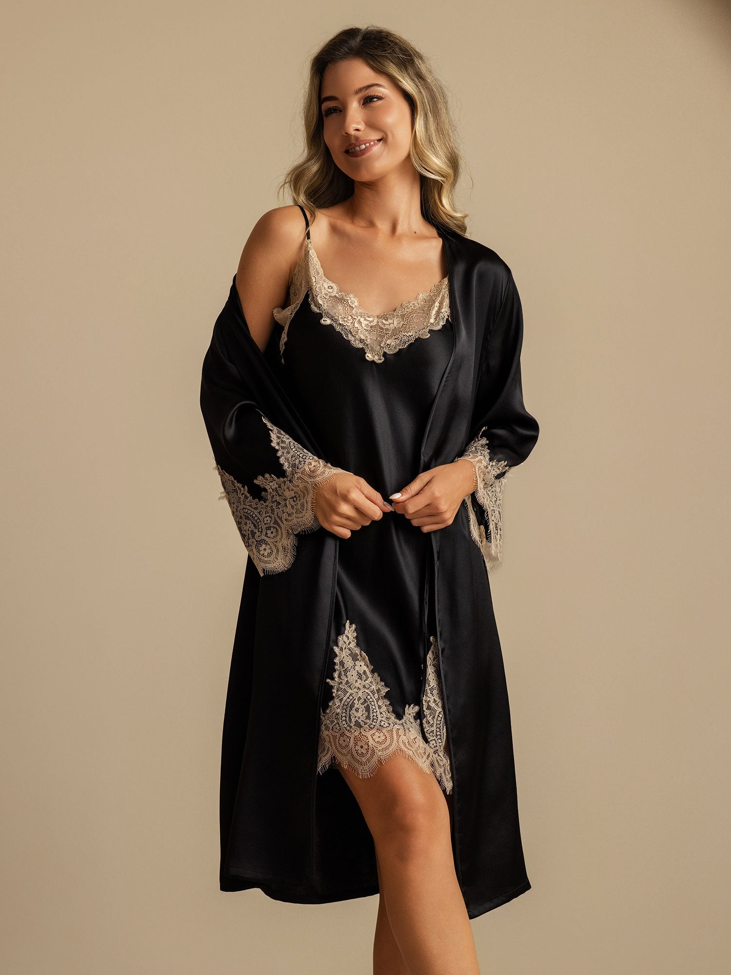 [Black] SilkSilky-AU Pure Silk Nightgown&Robe Set 006,