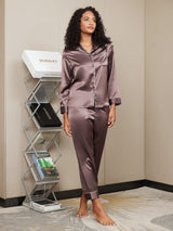 [Coffee] SilkSilky-AU Long Sleeve Lapel Collar Women's Pyjamas 005