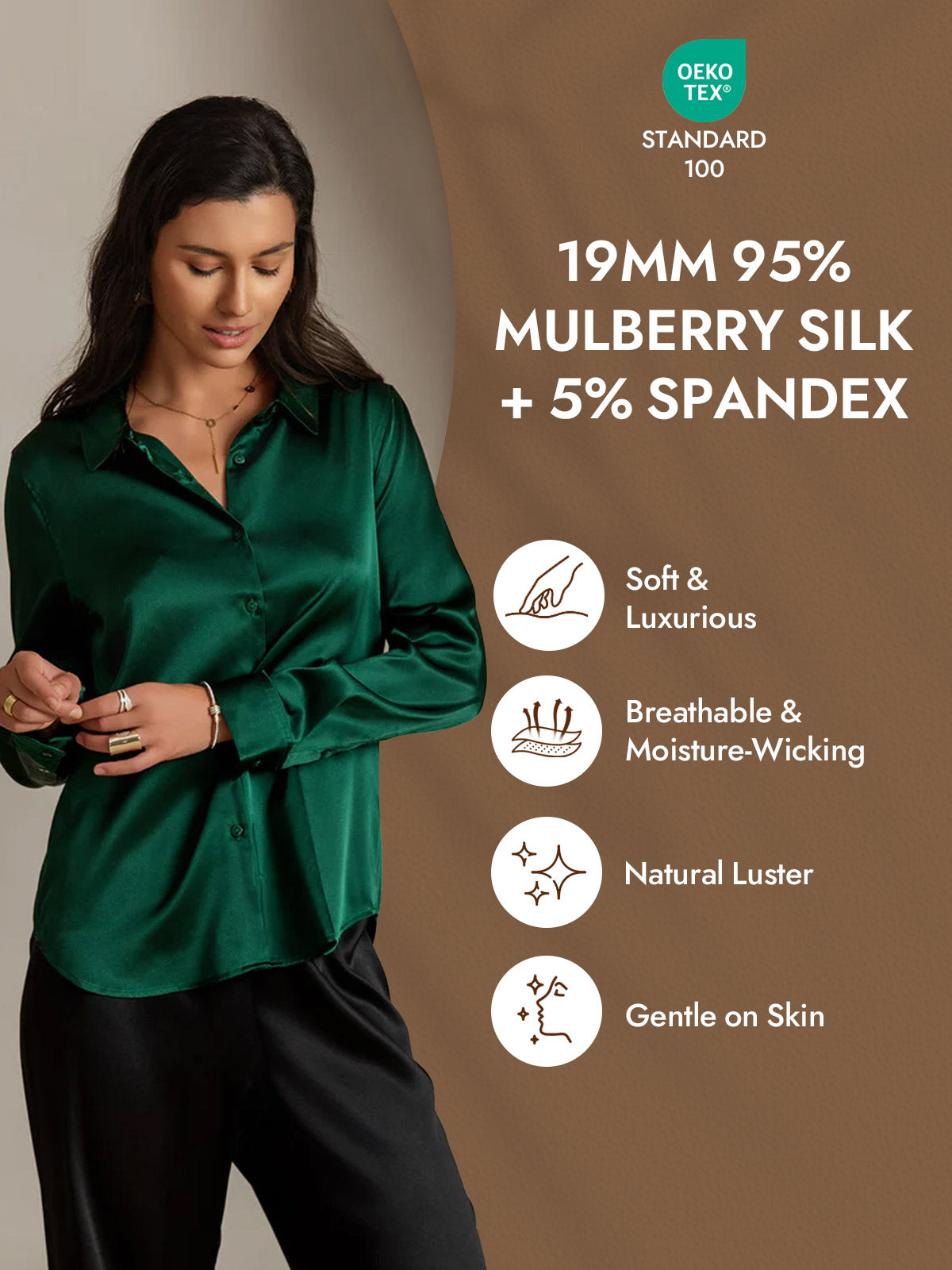 [Dark Green] SilkSilky-AU Silk Long Sleeve Lapel Collar Women's Shirt 004