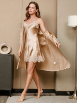 [Champagne] SilkSilky-AU 3/4 Sleeve V Neck Nightgown&Dressing Gown Set 001