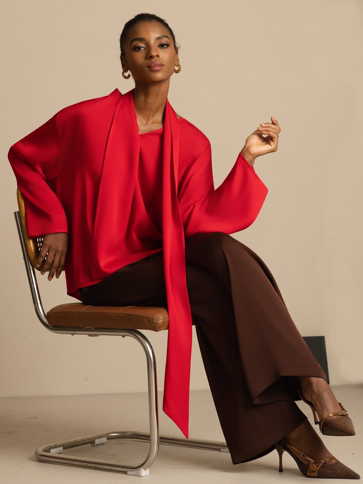 [Wine] SilkSilky-AU 19Momme Stretch Silk Double Georgette Long Sleeve V Neck Blouse 001