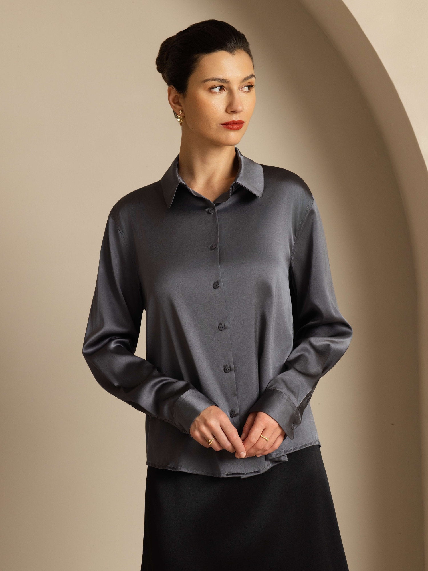 [Dark Gray] SilkSilky-AU Silk Long Sleeve Lapel Collar Women's Shirt 007