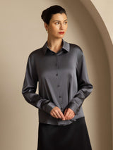 [Dark Gray] SilkSilky-AU 19Momme Stretch Silk Charmeuse Long Sleeve Lapel Collar Women's Shirt 007
