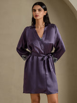 [Purple Gray] SilkSilky-AU 3/4 Sleeve V Neck Nightgown&Dressing Gown Set 007