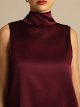 [Dark Red] SilkSilky-AU 19Momme Stretch Silk Charmeuse Sleeveless High Neck Blouse 005