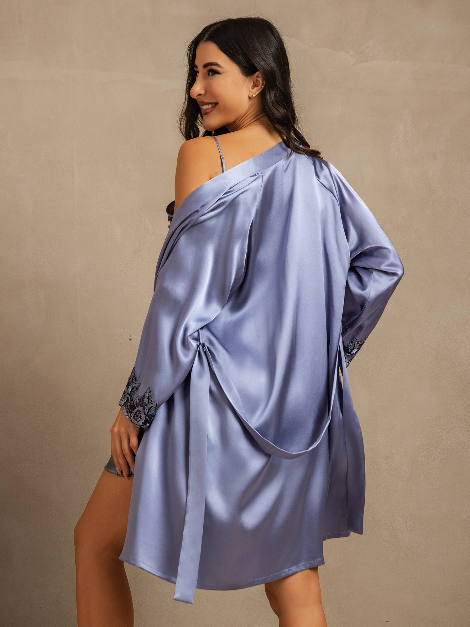 [Steel Blue] SilkSilky-AU Pure Silk 3/4 Sleeve V Neck Nightgown&Dressing Gown Set 002