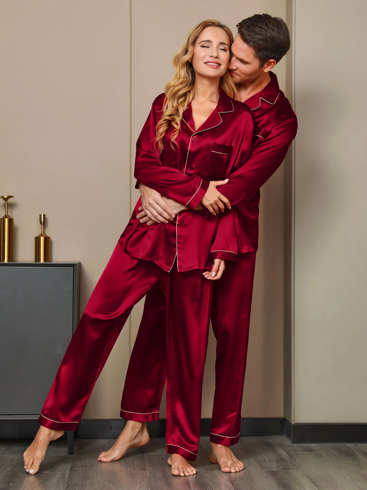 Couple Pure Silk Pajama Sets Total 4Pcs