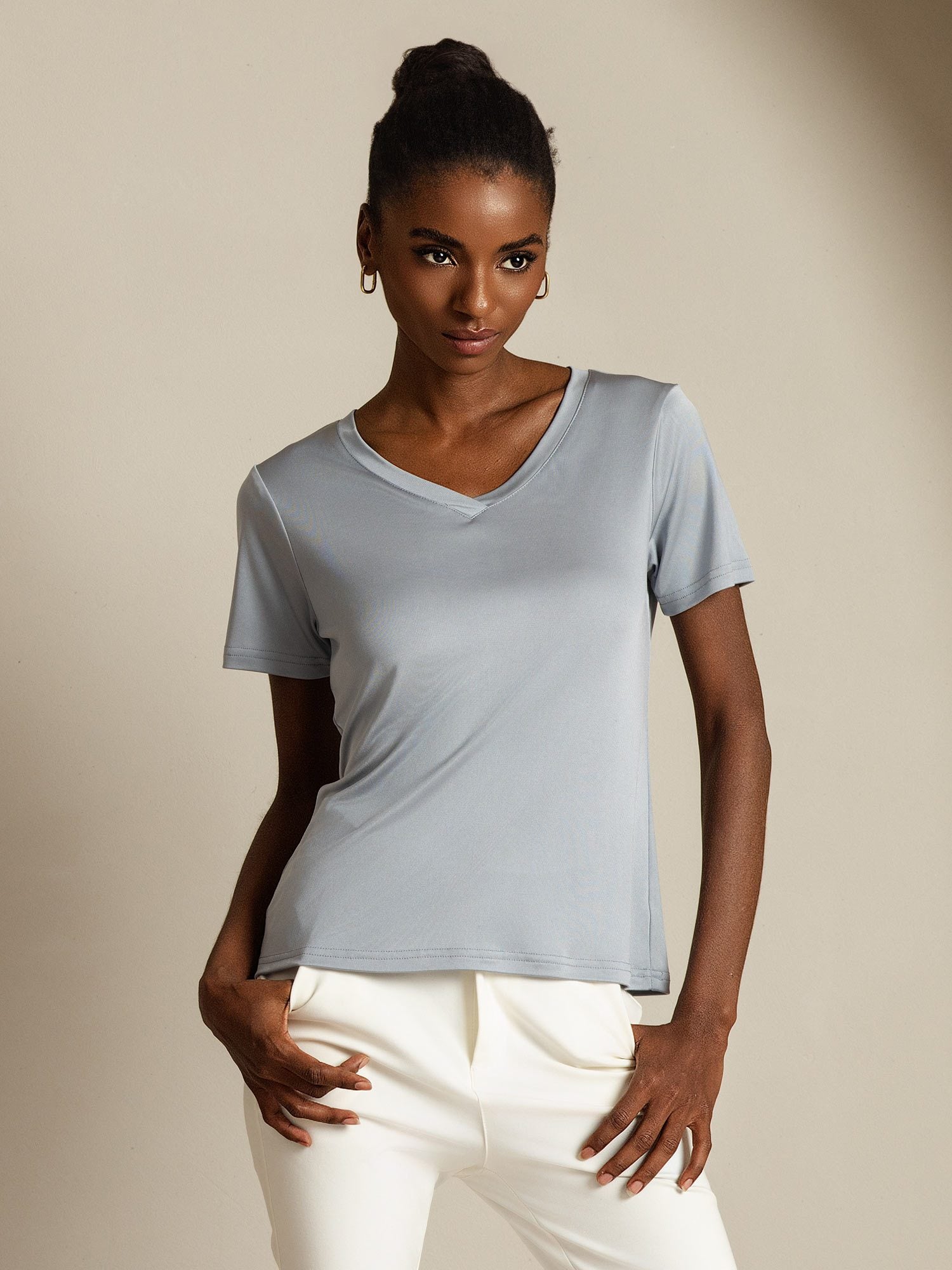 [LightGray] SilkSilky-AU Pure Silk V Neck Women's T-Shirt 001