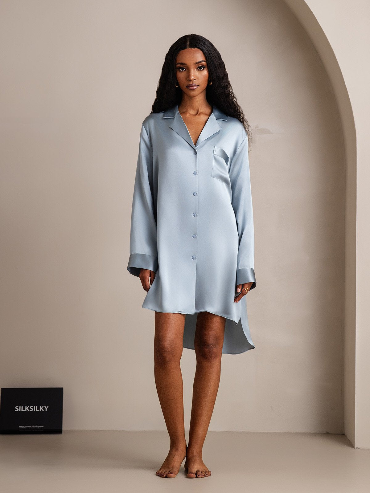 [GrayishBlue] SilkSilky-AU Pure Silk Lapel Collar Nightgown 003