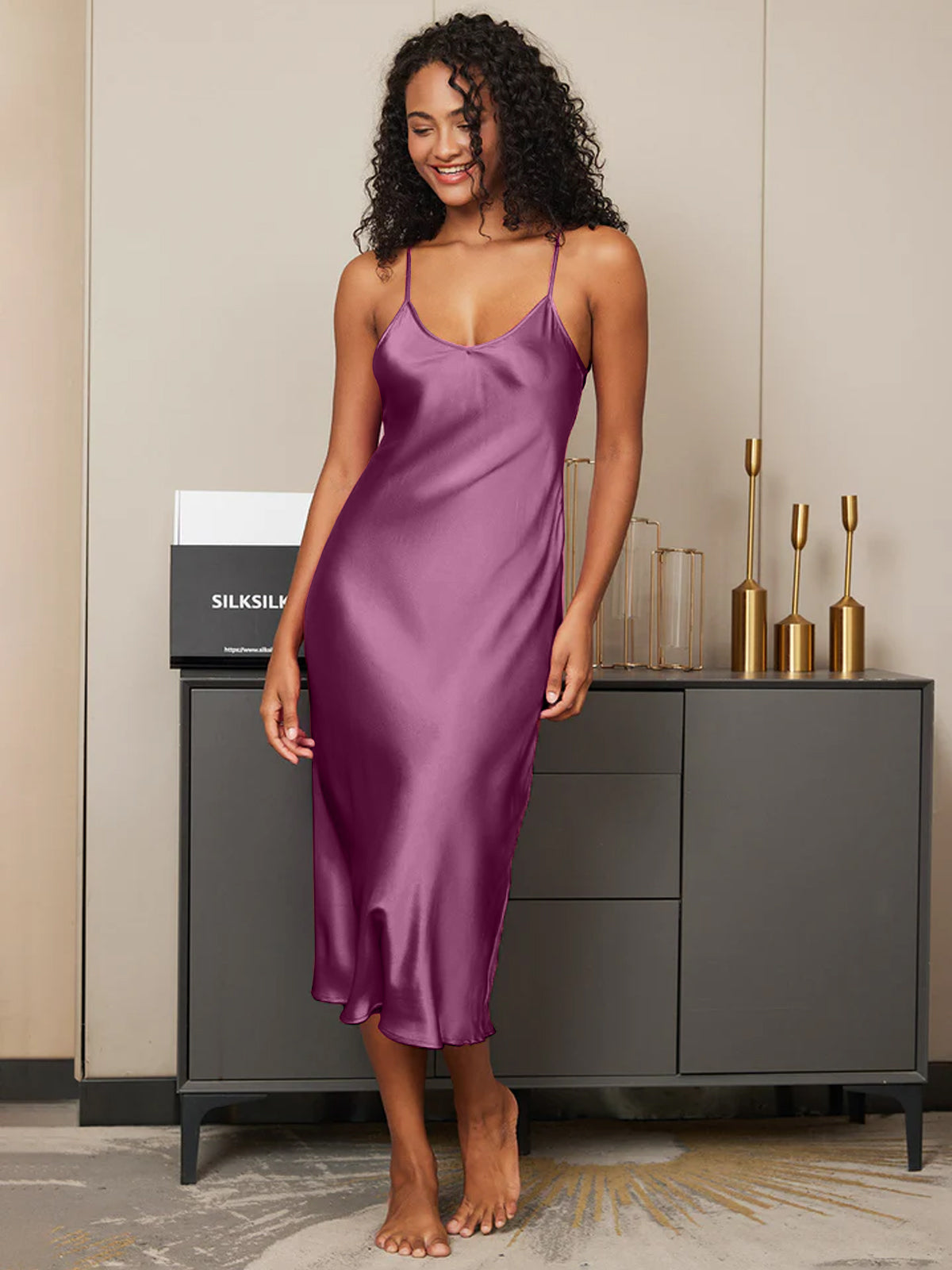 [Deep Purple] SilkSilky-AU Pure Silk Round Neck Dress 003