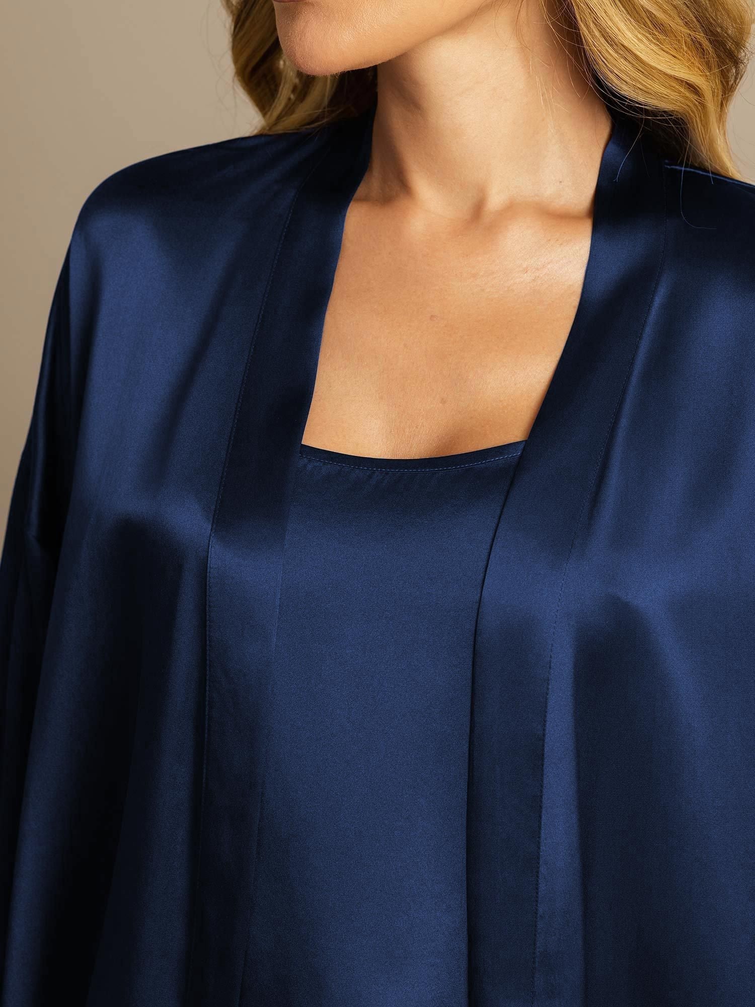 [Dark Blue] SilkSilky-AU Pure Silk Split Nightgown&Dressing Gown Set 004,