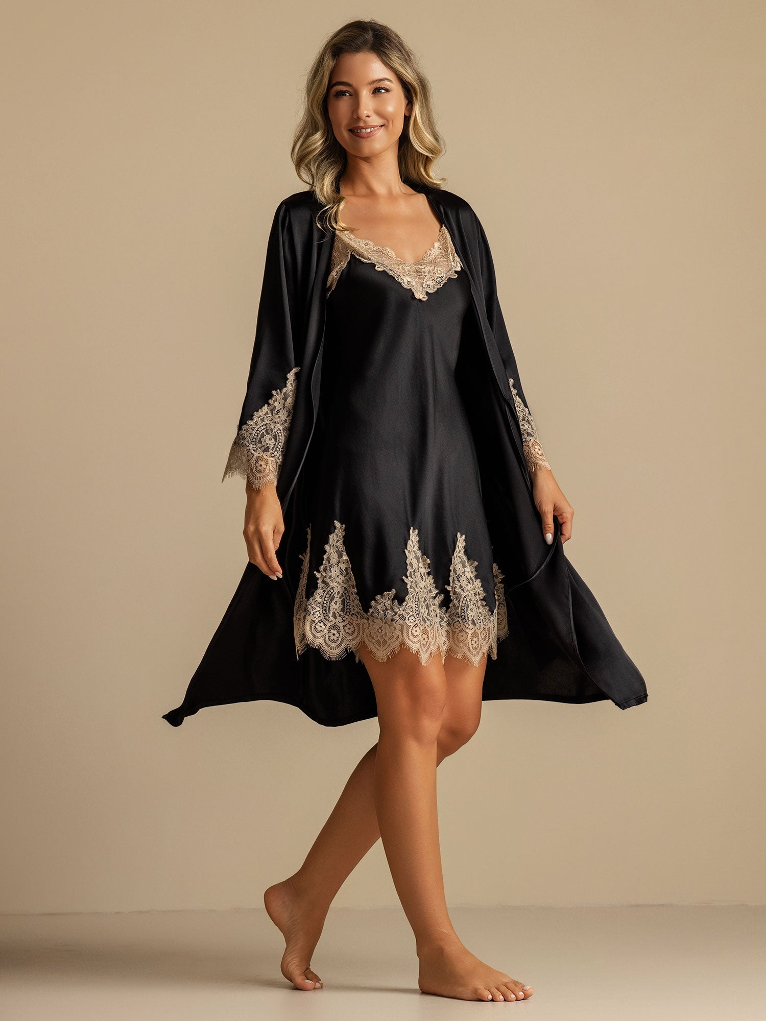 [Black] SilkSilky-AU Pure Silk Nightgown&Robe Set 001,