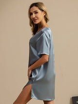 [Grayish Blue] SilkSilky-AU Half Sleeve V Neck Nightgown 004