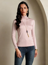 [Coral Pink] SilkSilky-AU Silk Jersey Long Sleeve Turtle Neck Women's T-Shirt 001
