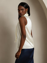 [Ivory] SilkSilky-AU 19Momme Stretch Silk Charmeuse Sleeveless High Neck Blouse 002