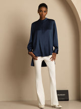 [Dark Blue] SilkSilky-AU 19Momme Stretch Silk Charmeuse Long Sleeve Stand Collar Blouse 008