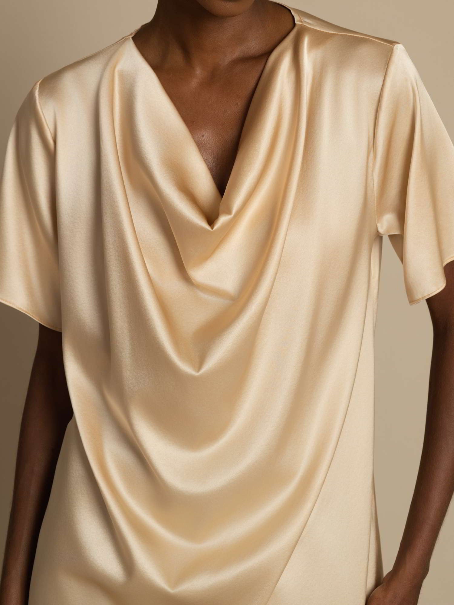 [Champagne] SilkSilky-AU 19Momme Silk Short Sleeve Cowl Neck Blouse 004