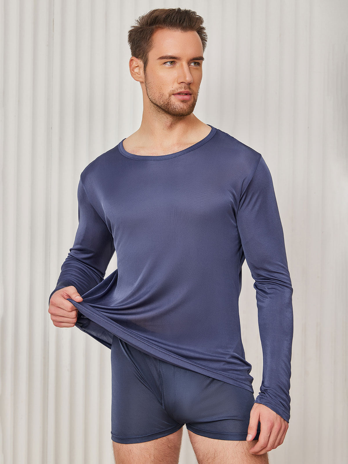 [Dark Blue] SilkSilky-AU 100% Silk Jersey Long Sleeve Round Neck Men's T-Shirt 001