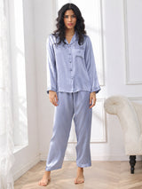 [Steel Blue] SilkSilky-AU Long Sleeve Lapel Collar Women's Pyjamas 005