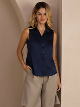 [Dark Blue] SilkSilky-AU Sleeveless Lapel Collar Women's Shirt 001