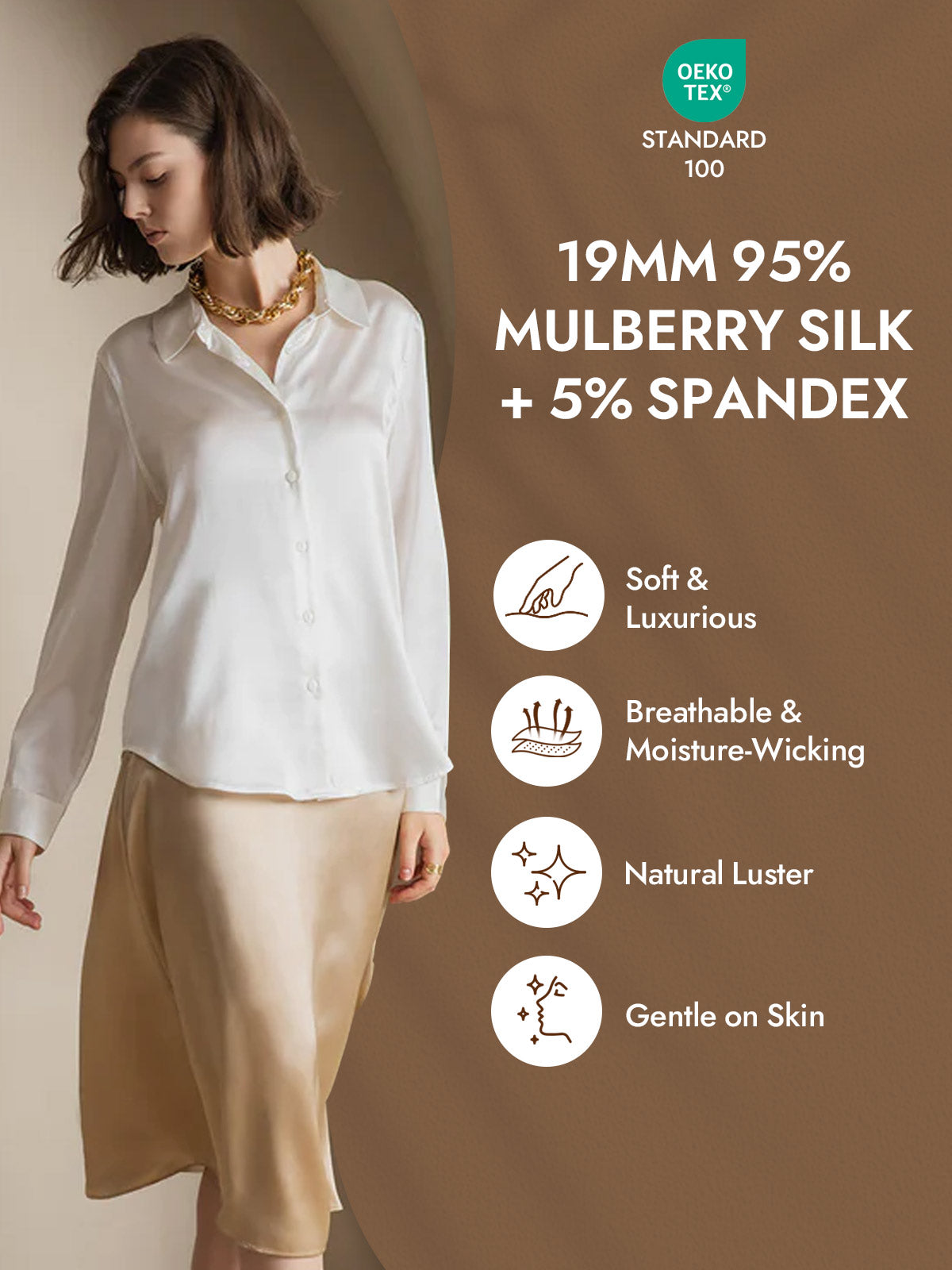 [White] SilkSilky-AU Silk Long Sleeve Lapel Collar Women's Shirt 004
