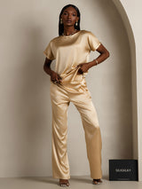 [Champagne] SilkSilky-AU 19Momme Stretch Silk Charmeuse Short Sleeve Boat Neck Women's T-Shirt 006