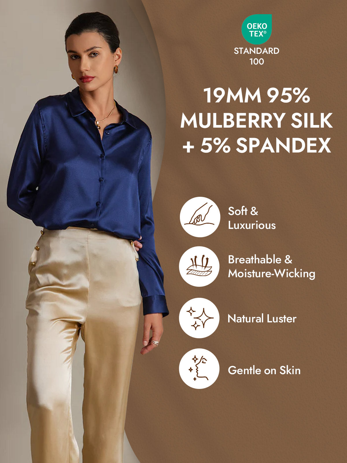 [Dark Blue] SilkSilky-AU Silk Long Sleeve Lapel Collar Women's Shirt 004