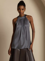 [Dark Gray] SilkSilky-AU 19Momme Stretch Silk Charmeuse Sleeveless Halter Women's T-Shirt 001